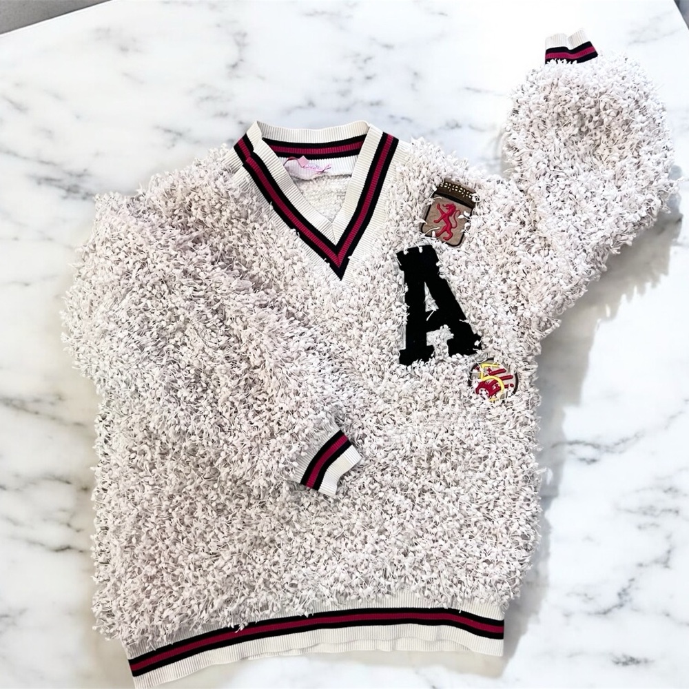 Anthropologie Cream V-Neck Sweater with Black and Pink Accents